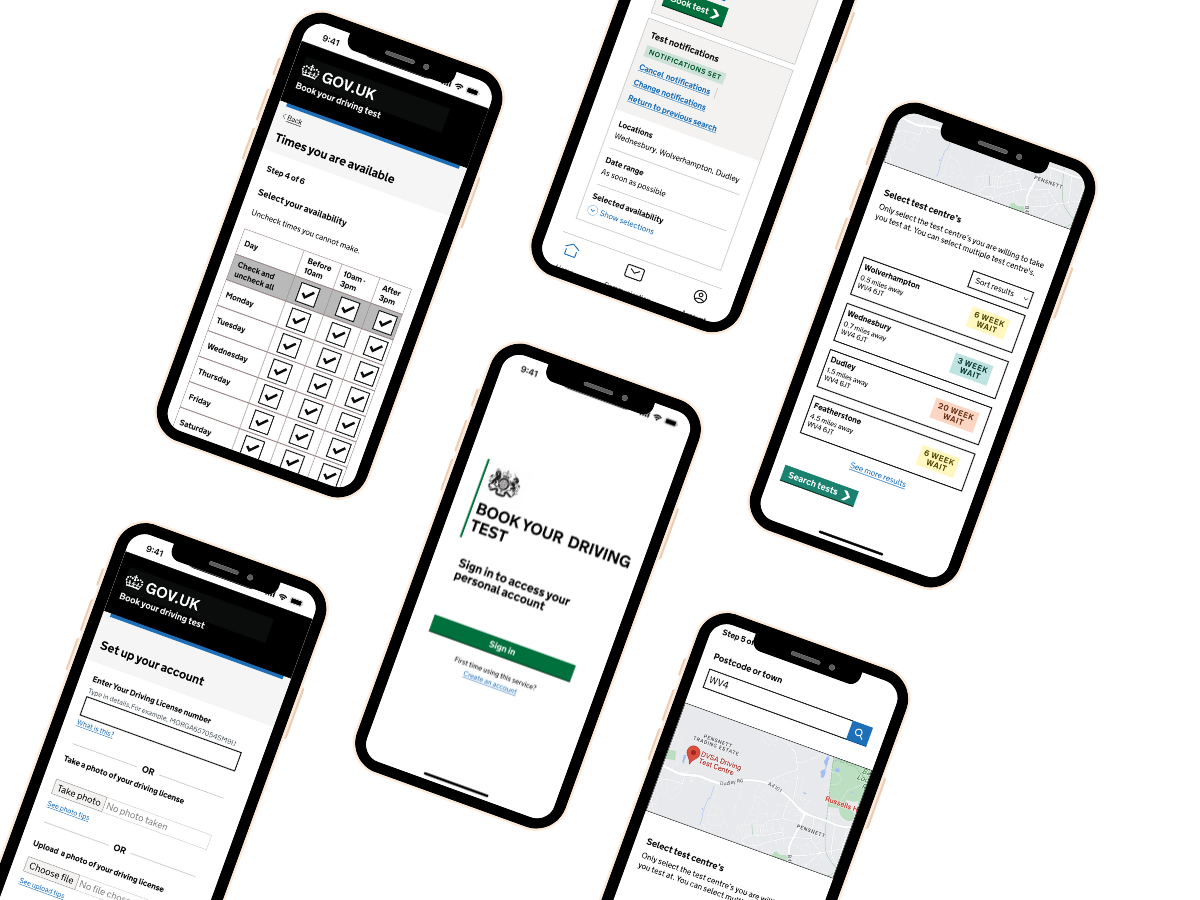 Some of the finished DVSA app pages in a diagonal pattern.
